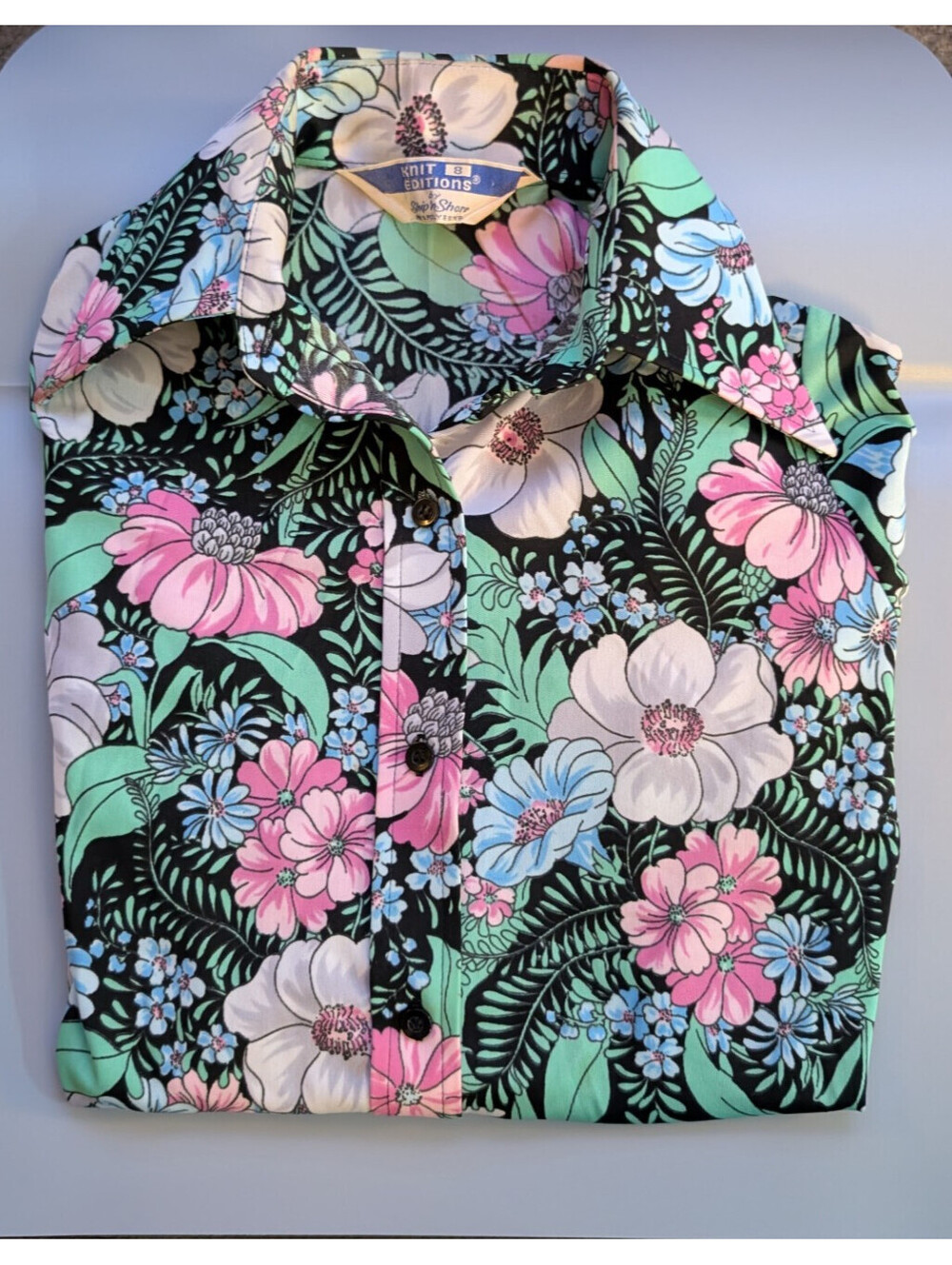 Vintage 70s Knit Editions by Alice Stuart Floral Shirt - Size 12 - Mod Retro